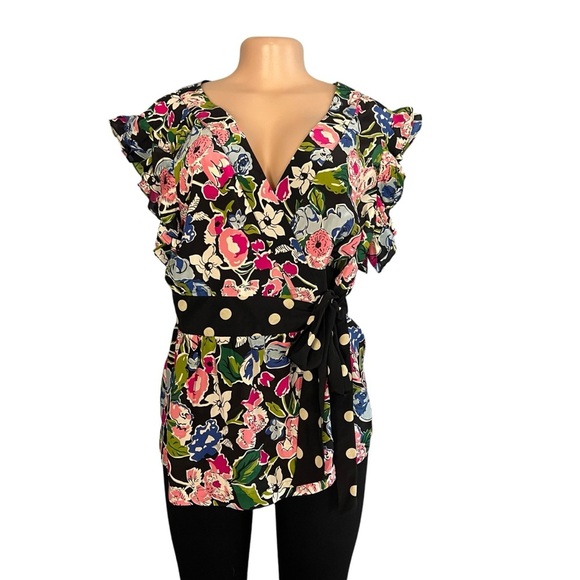 3/$30 🍂 Odille Anthropologie Floral Silk Cap Sleeve Wrap Shirt Multicolor - Picture 3 of 9